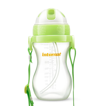 益特龙 滑盖儿童吸管学饮杯 带背带款 300ml BO-1601 草绿色-背带款