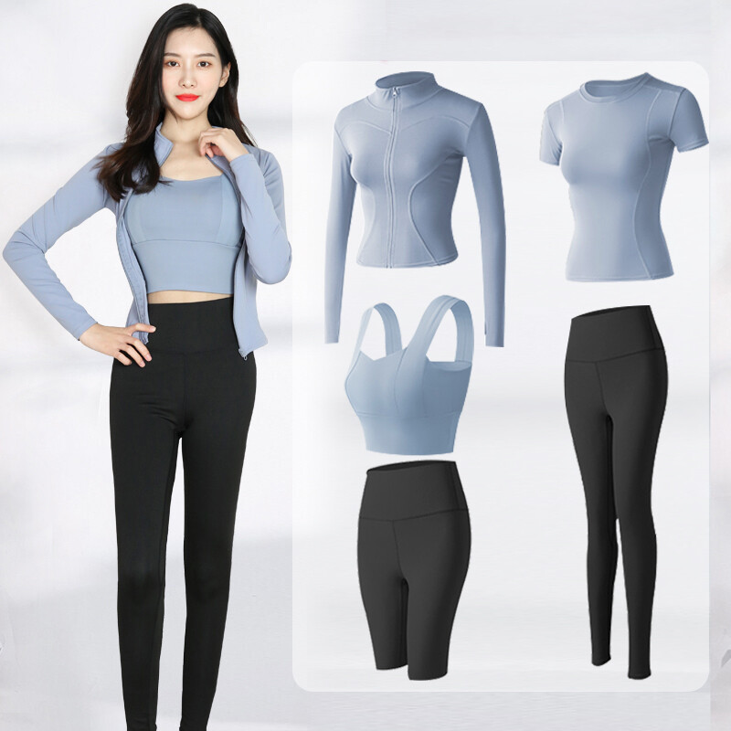 徽昂 瑜伽服女套装显瘦跑步长裤速干衣运动健身修身秋冬蓝黑5件套M码