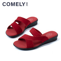 COMELY 康莉 夏季新款商場同款一字拖鞋女露趾外穿休閑舒適平底涼拖 紅色 34