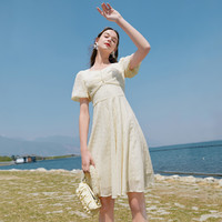 xiangying 香影 泡泡袖連衣裙氣質裙子收腰刺繡花溫柔風法式裙