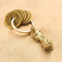 vieruodis 黃銅貔貅鑰匙扣掛件五帝錢隨身貔貅掛件