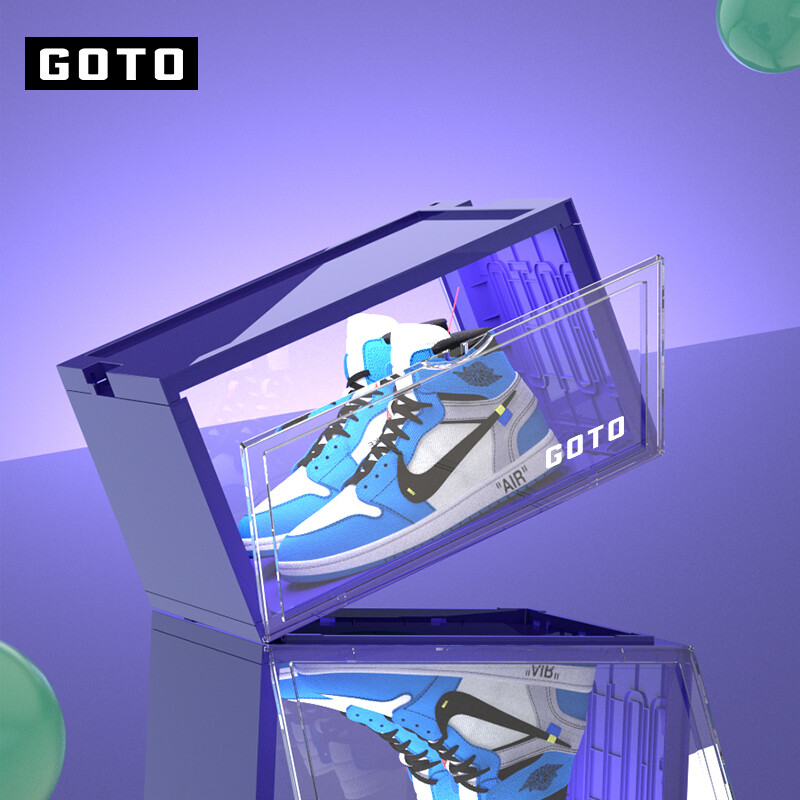 GOTO灯光鞋盒透明AJ球鞋收纳盒侧开可拆卸防尘整理箱马卡龙色网红鞋架鞋柜 A2声控灯光款紫色1只（不含声控适配器）