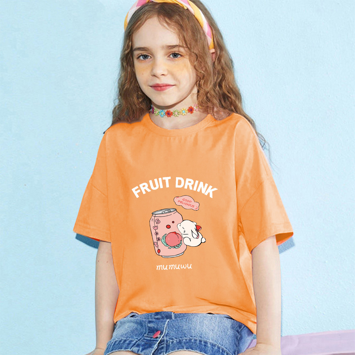 2022儿童夏季新款短袖T恤女童中大童卡通印花半袖上衣童装 150 浅橘