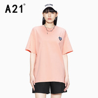 A21女装针织宽松圆领落肩短袖T恤衫 粉橙红 XL
