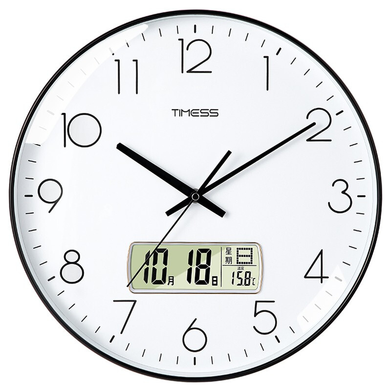 Timess挂钟 客厅钟表家用日历万年历温度挂表时尚简约静音石英钟表P12B-1黑边白面