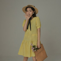 CHUU 纯色连衣裙夏秋季泡泡袖短袖圆领可爱甜美A字裙