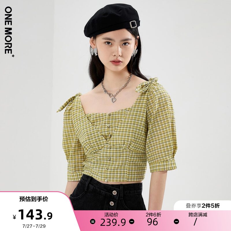 ONE MORE 2022夏季新款蝴蝶结泡泡袖上衣复古格纹短款U领小灯笼袖