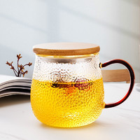 茶适 锤纹玻璃茶杯 玻璃杯带把 办公室带过滤茶水分离杯 可加热泡茶杯 带盖玻璃茶具杯耐热水杯400mlC5567