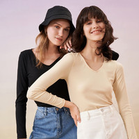 OCE 2021秋季新款小众设计感长袖上衣纯色休闲显瘦打底衫V领长袖t恤女