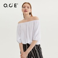 OCE 夏季新款短袖纯棉t恤女宽松休闲一字领半袖上衣女装韩潮