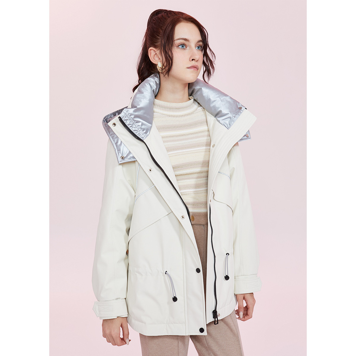 5+ Five Plus女冬装90%白鹅绒羽绒服宽松工装派克服外套连帽