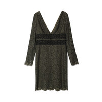 Diane Von Furstenberg 橄榄绿黑色V领长袖花朵蕾丝优雅性感连衣裙