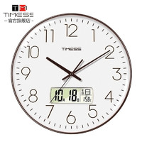 TIMESS 液晶显示万年历挂钟客厅卧室圆形钟表家用免打孔时钟时尚创意简约扫秒机芯石英钟P12B-8咖边白面30厘米