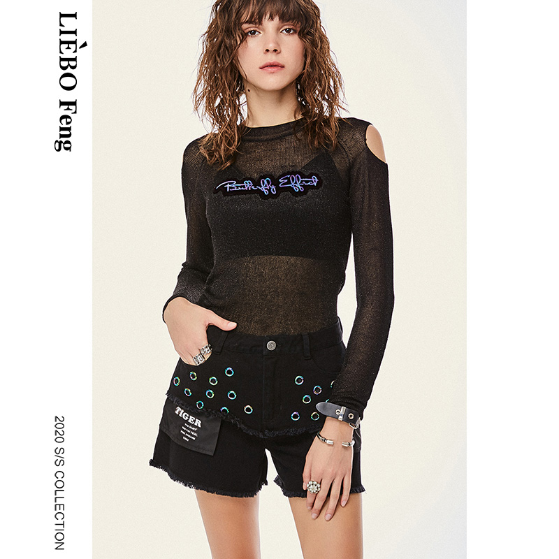 M裂帛LIEBOFeng设计师品牌2023年露肩字母刺绣针织衫百搭打底衫女