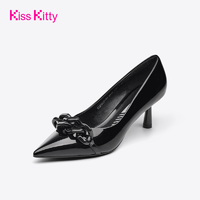 抖音超值购：Kiss Kitty 新款气质尖头链条高跟单鞋女细跟时尚浅口黑色百搭春季