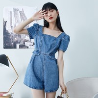 VERO MODA 复古时尚方领泡泡袖牛仔连体裤女