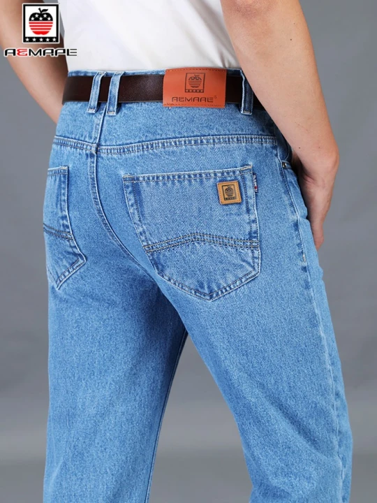 AEMAPE苹果牛仔裤男宽松直筒全棉春秋季纯棉男裤子中老年高腰深裆爸爸装 浅蓝色 纯棉春秋款 38码