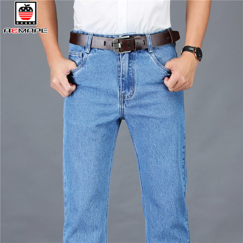 AEMAPE苹果牛仔裤男直筒宽松春秋季款中老年男裤纯棉高腰深裆裤子爸爸装 浅蓝色 纯棉春秋季款 35码(腰围2尺75)