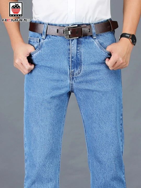 AEMAPE苹果牛仔裤男直筒宽松春秋季款中老年男裤纯棉高腰深裆裤子爸爸装 浅蓝色 纯棉春秋季款 34码(腰围2尺7)