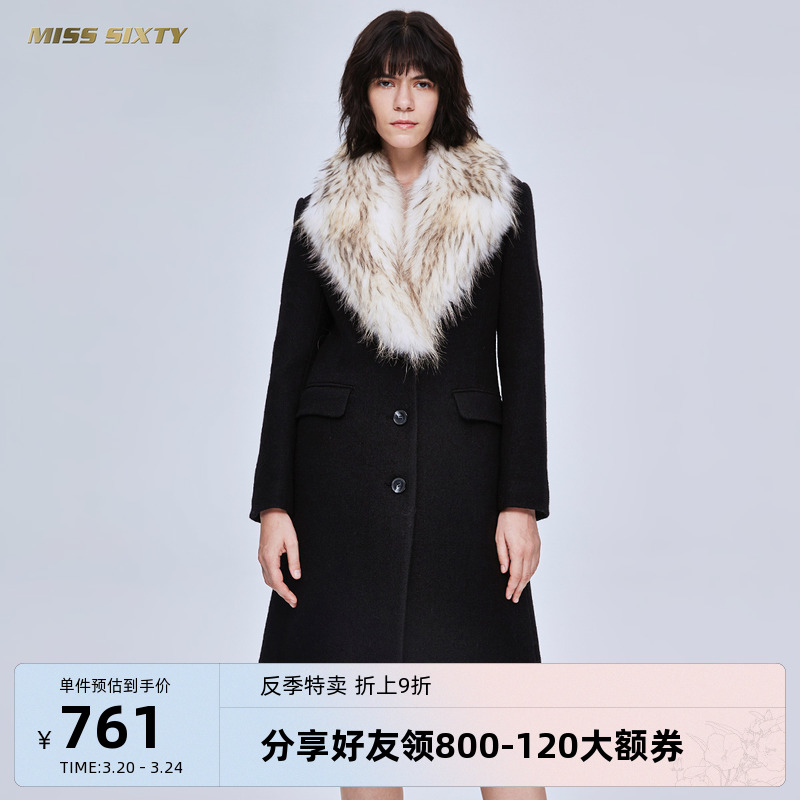 Miss Sixty冬季貉子毛领流行中长款时尚羊毛呢子大衣女