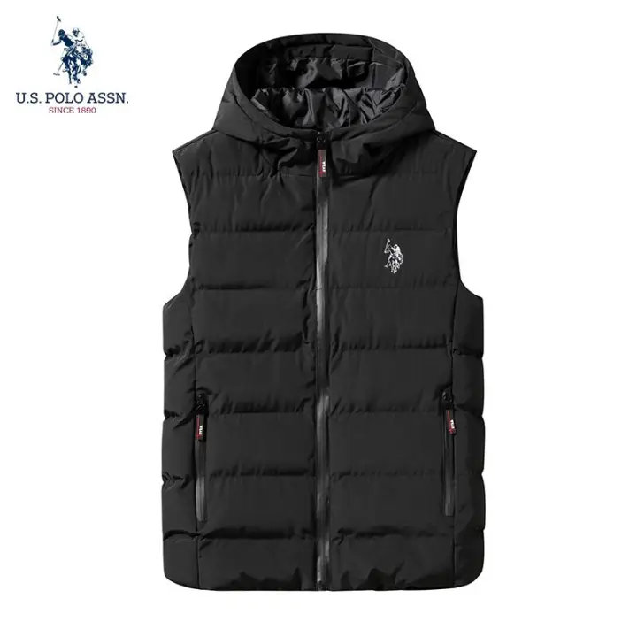 U.S. POLO ASSN.马甲男保暖棉背心男士休闲春秋坎肩无袖连帽上衣男装 黑色 L