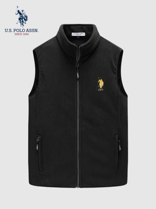 U.S. POLO ASSN. 马甲男抓绒衣背心男士休闲外套春秋坎肩无袖立领上衣男装黑色L