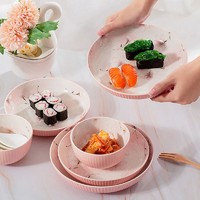 华青格 网红盘子日式樱花餐具家用吃饭碗创意组合早餐盘菜盘陶瓷圆深盘