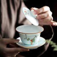 言艺 影青盖碗茶杯陶瓷家用泡茶碗三才杯功夫茶具敬茶碗  事事如意三才盖碗