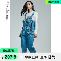 LIEBO 裂帛 Feng设计师品牌2023年国潮刺绣蓝色背带牛仔裤连体裤女
