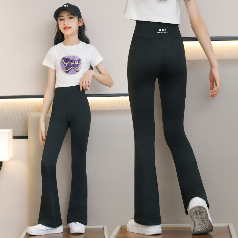 优优1点女童裤子夏季薄儿童打底裤外穿鲨鱼裤夏装女大童微喇叭裤 黑色 110cm