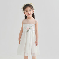 女童裙子男生女生2023夏季新品无袖连衣裙时尚花朵小女孩裙子 130 白色