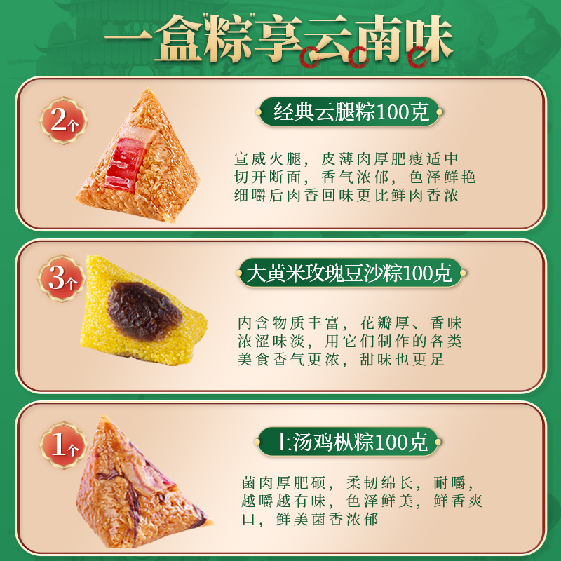 潘祥记粽子肉粽鲜肉云腿鸡枞粽甜粽玫瑰豆沙早餐速食端午节送礼盒 100g豌豆腊肉粽*6只