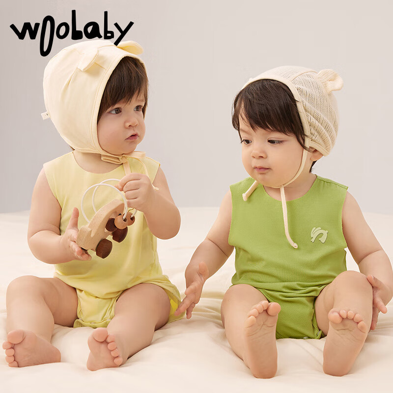 Woobaby婴幼儿连体衣随心裁2件装爬服23夏季新品薄款初生宝宝 柚子色/棕榈色（2件装） 80cm