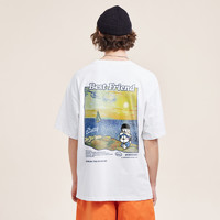 哆啦A梦（DORAEMON）夏季短袖T恤男机器猫复古卡通海上帆船油画印花字母上衣男女同款 白 M