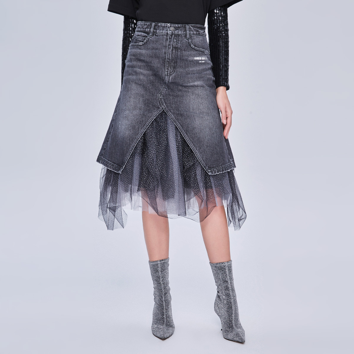 网纱拼接高腰不规则A字裙子牛仔裙女士半身裙