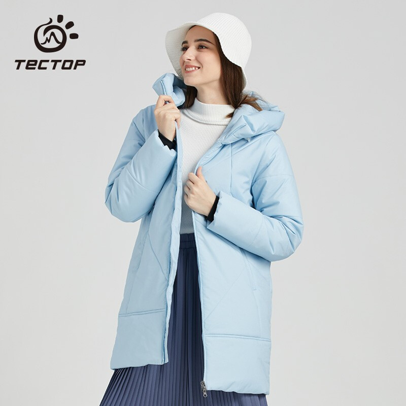 探拓（TECTOP）加厚长款棉服 女连帽户外外套防风保暖棉衣夹克 女款水晶蓝 XL