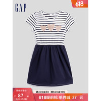 Gap女童纯棉双面亮片短袖连衣裙813141夏季款儿童装拼接运动长裙 蓝色条纹 110cm(XS)