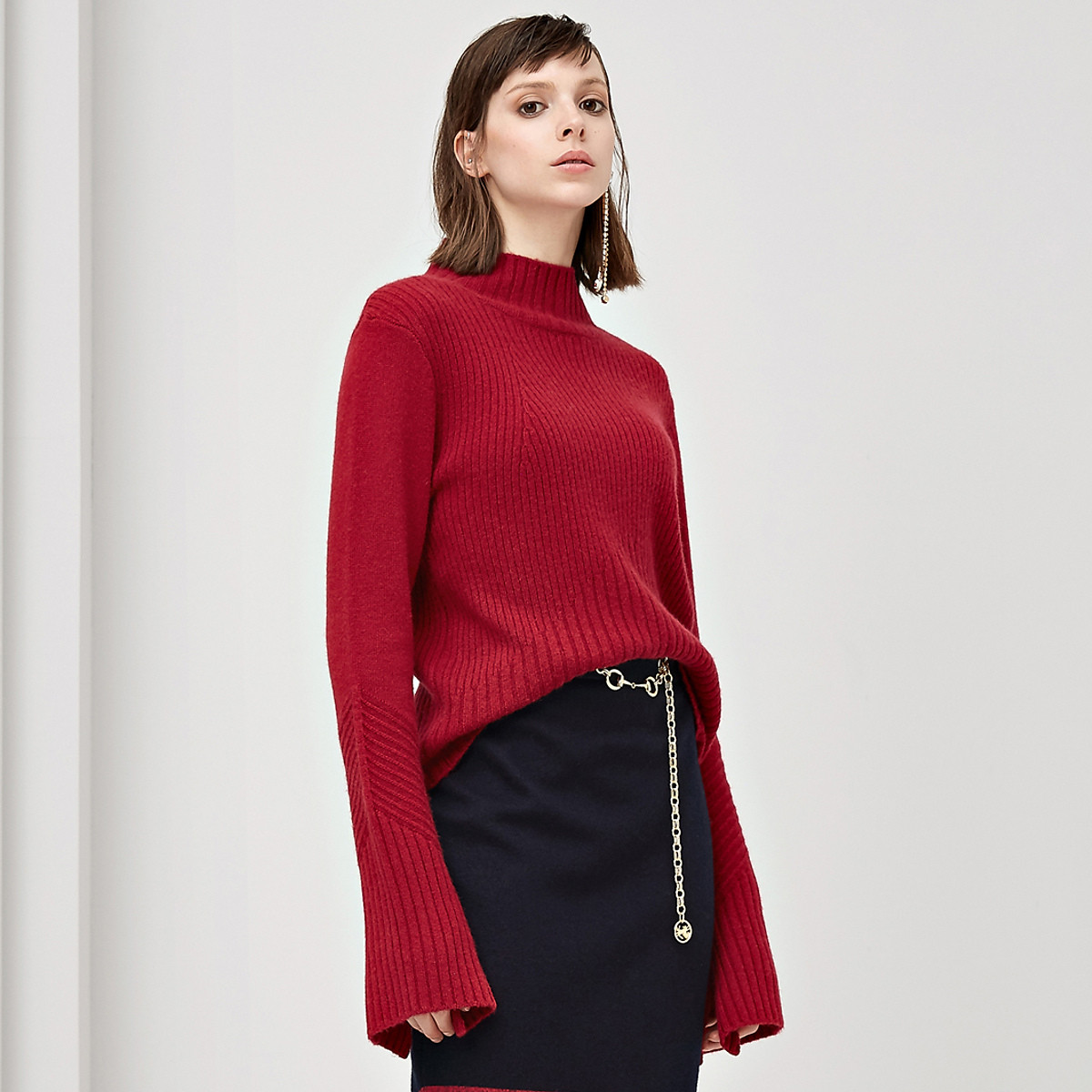 ELLASSAY秋冬新款高领喇叭袖复古拼接羊毛衫女 S 蔷薇紫