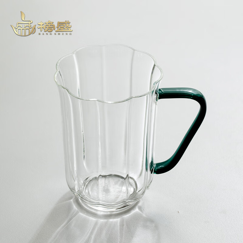 榜盛玻璃杯家用办公杯泡茶带把耐热高档高颜值茶杯水杯马克杯绿茶杯 海棠绿茶杯（绿把款）