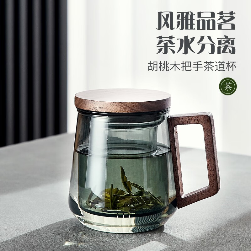 青苹果（QINGPINGGUO）玻璃泡茶杯男女生高颜值水杯茶水分离设计小众高档个人专用茶杯 烟青色星空三件杯