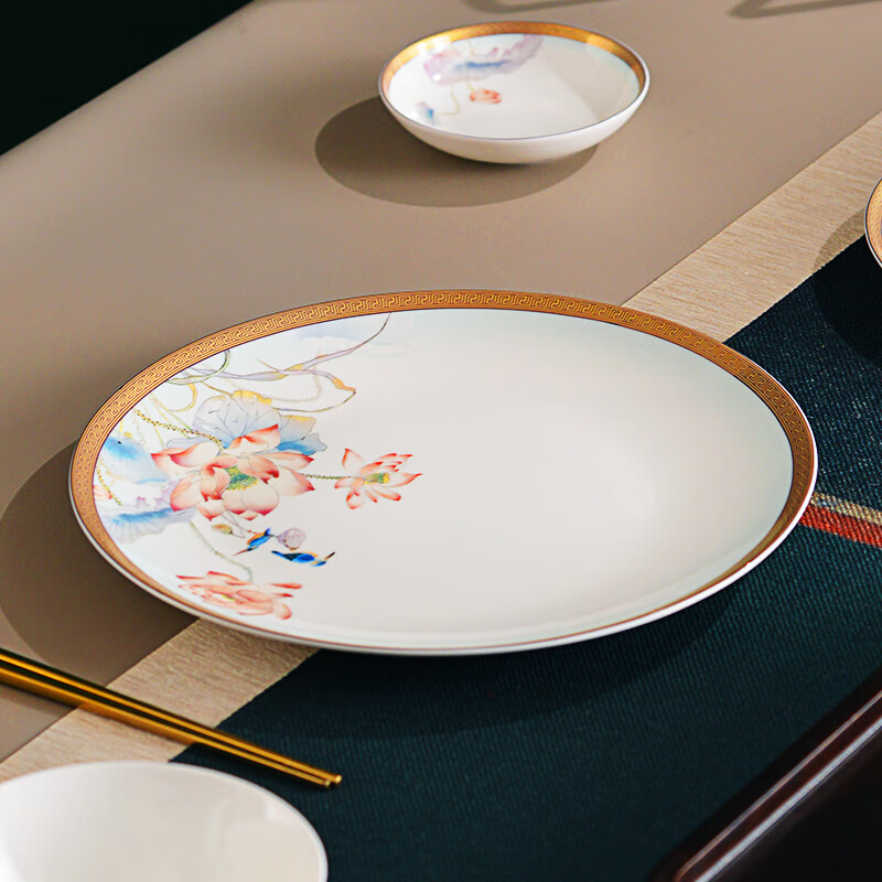 红牡丹新中式骨瓷餐具套装家用陶瓷米饭碗加高防烫饭碗金边菜盘喝汤大碗 出水芙蓉10英寸月光盘
