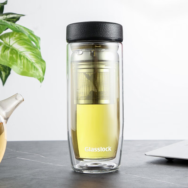 三光云彩 Glasslock双层玻璃杯大容量便携水杯男女茶水分离杯子商务办公居家车载茶杯 皮纹黑-茶水分离-500ml