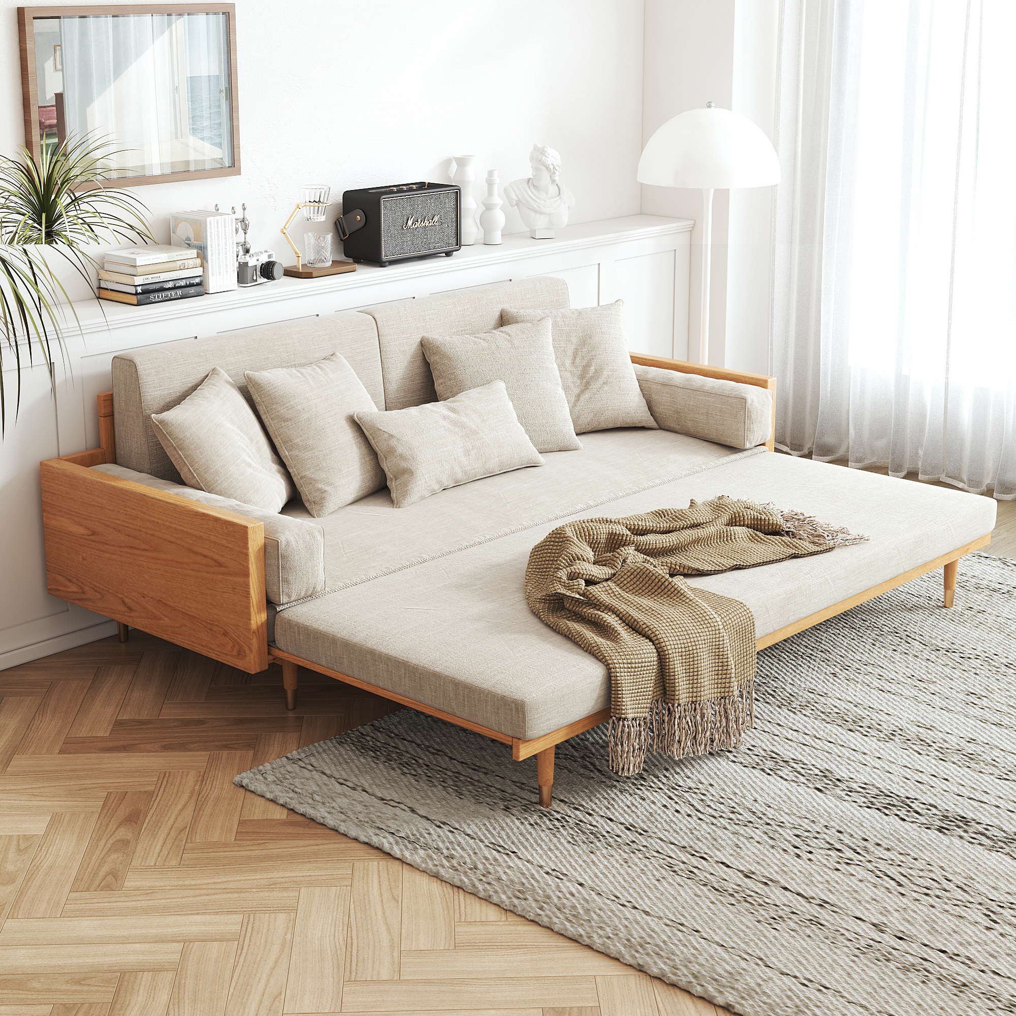 HUANASI 华纳斯 日式实木折叠沙发床两用北欧简约小户型双人伸缩抽拉多功能沙发