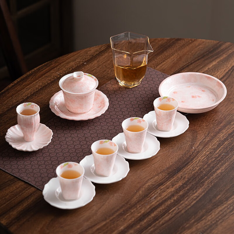 雅轾茗品功夫茶具套装小套家用办公喝茶泡茶日式茶具桃粉盖碗茶杯陶瓷礼品 桃花13头盖碗茶具组-桃粉色