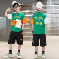 AN男童夏季短袖套装2023新款儿童夏装运动衣服中大童夏款帅气时髦潮 绿色 150码(建议身高145cm左右)