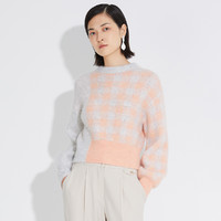 秋冬新款女士羊毛针织衫韩版简约设计撞色不对称格纹小众毛衣 XL 珊瑚色