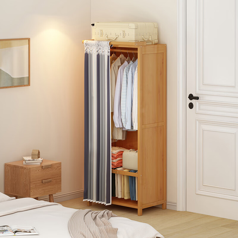 安尔雅衣柜简易收纳柜出租房单人卧室楠竹组合衣橱简易布衣柜70