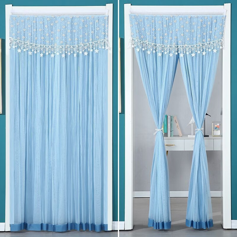 沐凡（mufan）门帘隔断帘不透人家用免打孔卧室卫生间蕾丝女生防蚊伸缩杆过道 满天星-蓝色 100*200cm