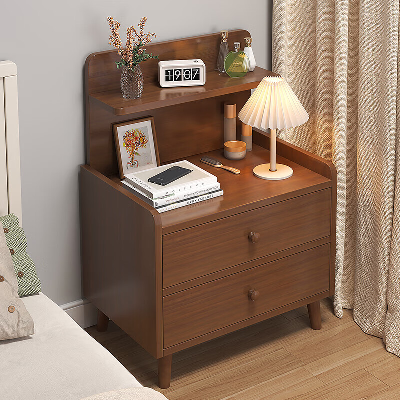 木匠印记床头柜简约现代床边柜抽屉式收纳带隔板置物台边几卧室床头柜 深胡桃色双抽40cm