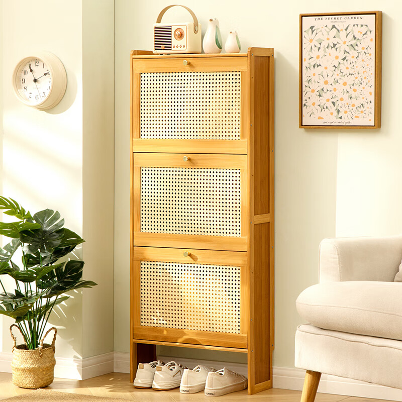 木马人门口楼道超薄鞋柜17cm一体柜简约入户门玄关柜薄鞋架家用隔断柜 原色-三门50长